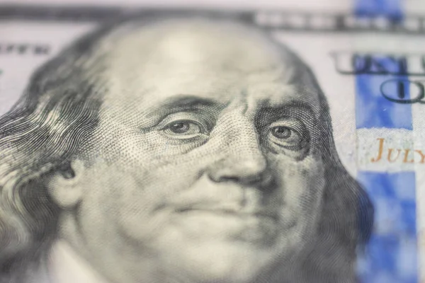 Βλέμμα Του Μπέντζαμιν Φράνκλιν Στο Χαρτονόμισμα Των 100 Δολαρίων Benjamin — Φωτογραφία Αρχείου