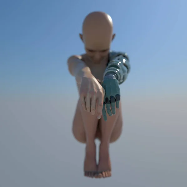 Robot elli bir çocuk. 3D RENDER alanını kapat. Engelliler için modern yeni siber kol