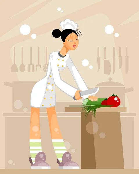 Ilustración Vectorial Una Mujer Chef Cocina — Archivo Imágenes Vectoriales