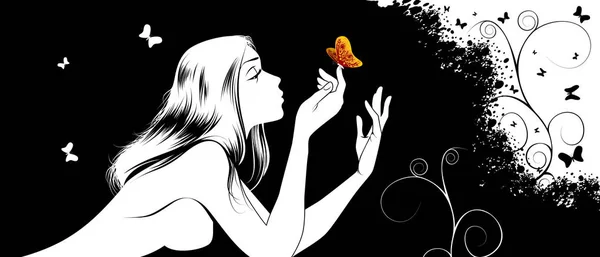 Vektorillustration Eines Nackten Mädchens Mit Einem Schmetterling — Stockvektor