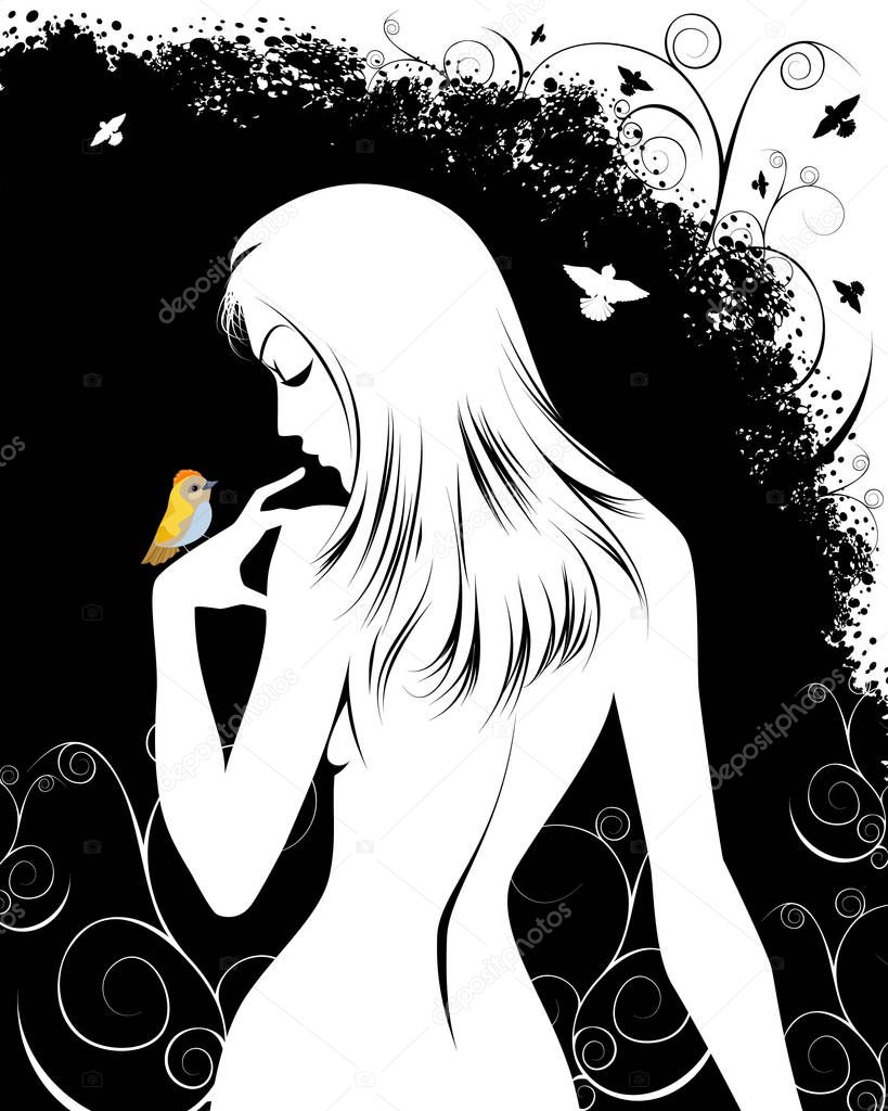 Vector illustration of a naked girl with a bird