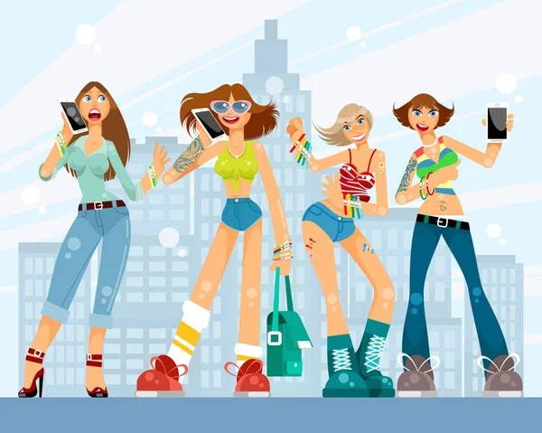 Ilustración Vectorial Chicas Fondo Ciudad — Vector de stock