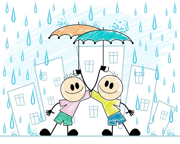 Vectorillustratie Van Twee Jongens Met Paraplu — Stockvector