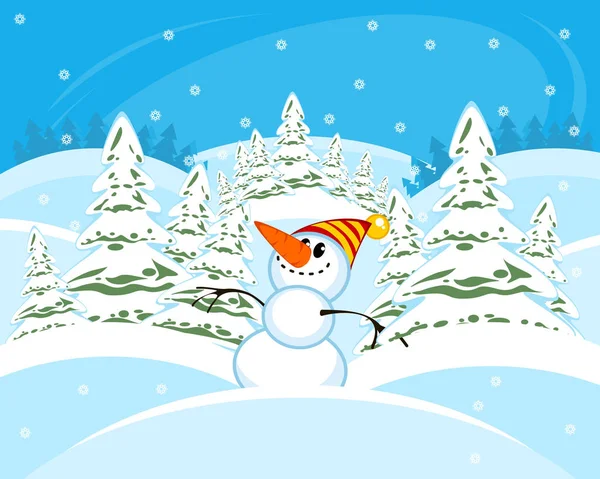 Vector Illustration Snowman Forest — Stock Vector