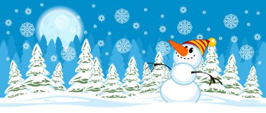Arka plan kardan adam vektör çizim bir Noel ağaçları