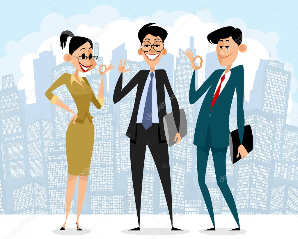 Vector illustration of happy business people on city background