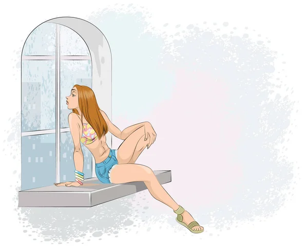 Mädchen sitzt auf Fensterbank — Stockvektor