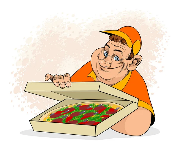 Человек и пицца в коробке — стоковый вектор