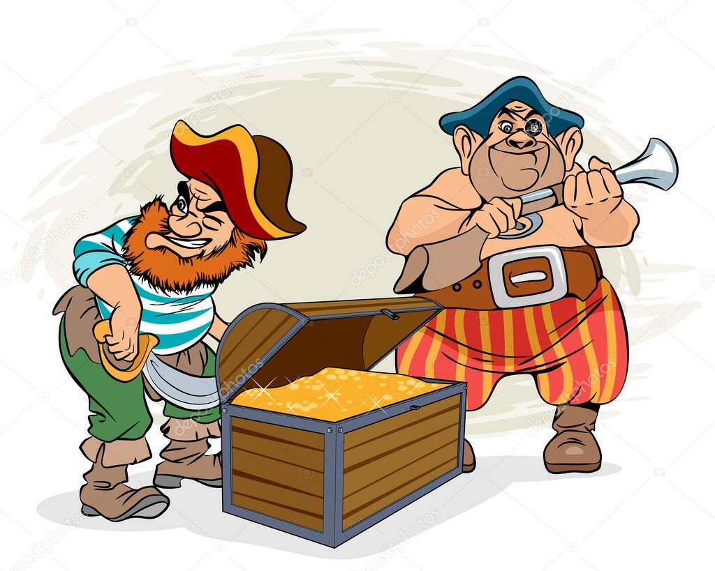 Vector illustration of pirates and a chest of gold