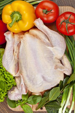 Taze çiğ tavuk etli sebze, baharatlar ve otlar pişirme için hazır