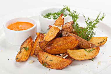 Kızarmış patates soslar ve otlar ile servis yakın çekim.