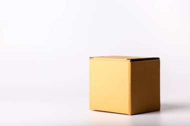 Beyaz arka plan üzerinde boş etiket karton kutu