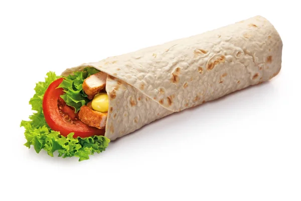 Kyckling kebab wrap med grönsallad och grönsaker närbild isolerade på vit bakgrund — Stockfoto