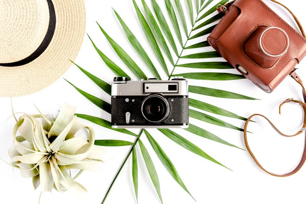 플랫은 흰색 배경에 역 카메라, 밀짚 모자, 선글라스, 열 대 야자나무 잎을 얹은 여행용 액세서리를 달았다. 여행 개념의 배경. — 스톡 사진