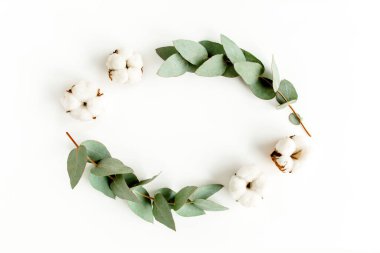 Okaliptüs dallarından, yapraklardan ve beyaz arka planda izole edilmiş pamuktan yapılmış çelenk çerçevesi. düz yatış, üst görünüm
