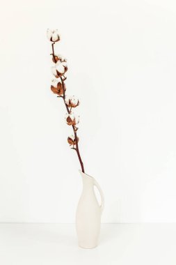 Okaliptüs dalları, arka plandaki masanın üzerinde vazoda. Ev dekoru. Günlük, web sitesi veya sosyal medya kavramı