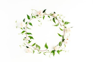 Beyaz arka planda yeşil dallardan, yapraklardan ve şakayıklardan yapılmış çelenk çerçevesi. Düz uzan, üst görünüm