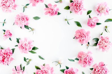 Beyaz arkaplanda yazı için yeri olan pembe şakayık çiçekleri çerçevesi. Şakayık desenli. Düz yatış, üst görünüm. 