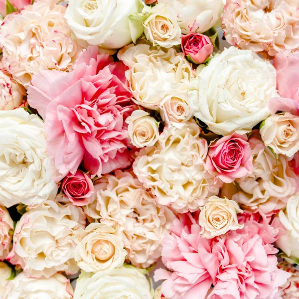 L'espace de travail des bourgeons roses et beiges isolés sur fond de bois blanc. L'appartement était couché, vue sur le dessus. Cadre de fleurs. Fond floral. — Photo