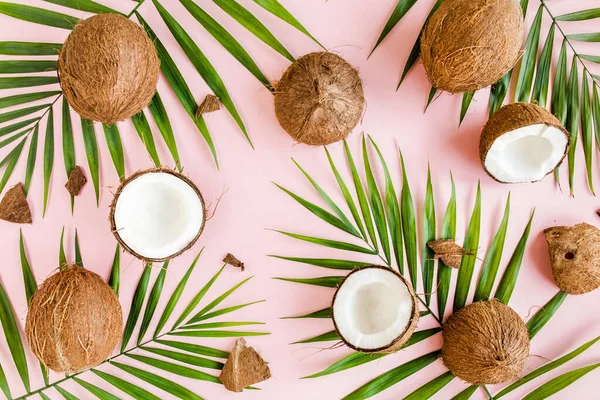 Patroon, textuur met kokosnoten en tropische palmbladeren op roze achtergrond. Tropische abstracte achtergrond. Vlakke lay, bovenaanzicht. — Stockfoto