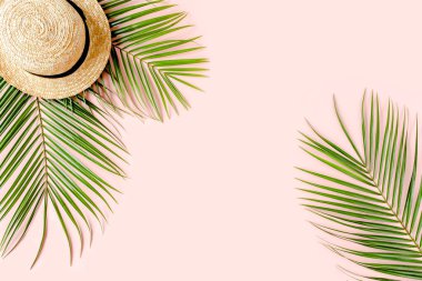 Yaz dönemi. Tropik palmiye yaprağı dalları, pembe arka planda hasır şapka ve mesaj için boş alan. Seyahat tatili konsepti. Düz yatış, üst görünüm.