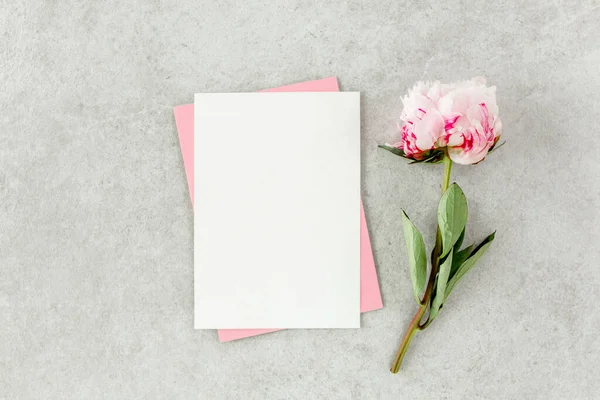 Sahte davetiye, boş kağıt tebrik kartı, pembe zarf ve gri taş masada şakayıklar. Çiçek arkaplanı. Düz yatış, üst görünüm.