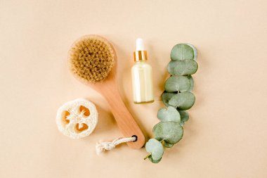 Spa tedavisi konsepti. Doğal, organik kaplıca ürünleri okaliptüs yağı, deniz tuzu, masaj fırçası, okaliptüs yaprağı özü. Spa arkaplanı