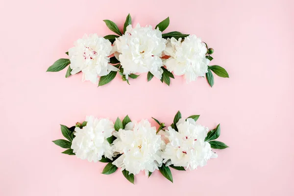 Cornice di fiori di peonia bianca con spazio per testo su sfondo rosa. Texture di peonia. Posa piatta, vista dall'alto. — Foto Stock