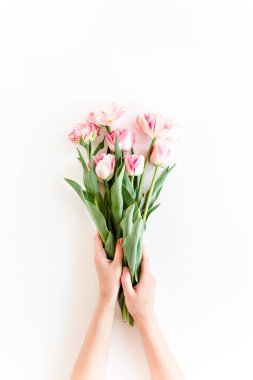 Kadın elleri beyaz arka planda pembe lale çiçeklerini tutuyor. Minimum çiçek konsepti. Düz yatış, üst görünüm.
