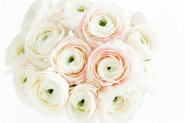 Bouquet, texture of pink ranunculus and roses flower close up. Flat lay, top view. Ranunculus flower texture. — Stock Photo, Image