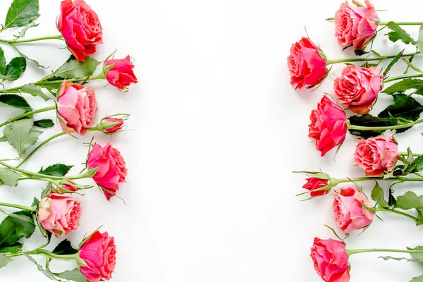 Flower border frame made of red roses on white background with copy space for text. Valentines background. Floral pattern. Flat lay, top view.