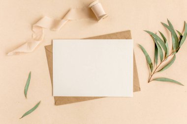 Sahte davetiye, boş tebrik kartı ve el işi zarfı, yeşil yapraklı okaliptüs. Düz yatış, üst görünüm.