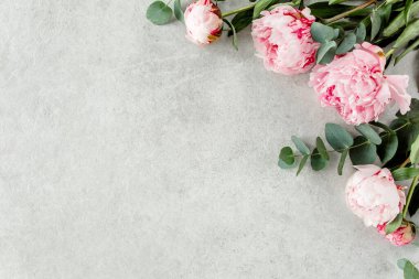 Gri taş masanın üzerinde güzel pembe şakayık çiçekleri ve metin için fotokopi alanı. Düz stil, üst görünüm