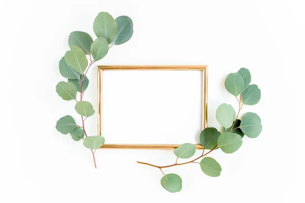 Gold frame is decorated with green branches and eucalyptus leaves on a white background. lay flat, top view — Stock Photo, Image