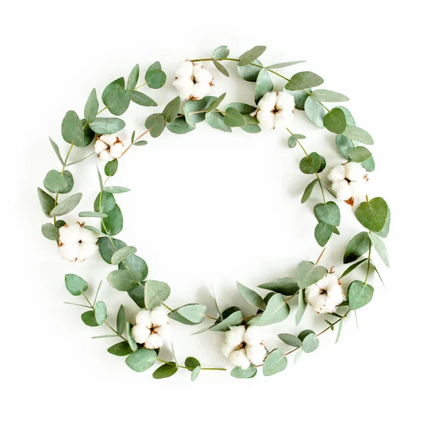 Okaliptüs dallarından, yapraklardan ve beyaz arka planda izole edilmiş pamuktan yapılmış çelenk çerçevesi. düz yatış, üst görünüm