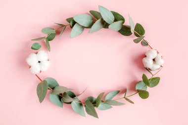 Çiçek bileşimi, okaliptüs dallarından yapılmış çelenk, pembe arka planda izole edilmiş yapraklar ve pamuk. Düz bir zemin, üst manzara. Çiçek konsepti