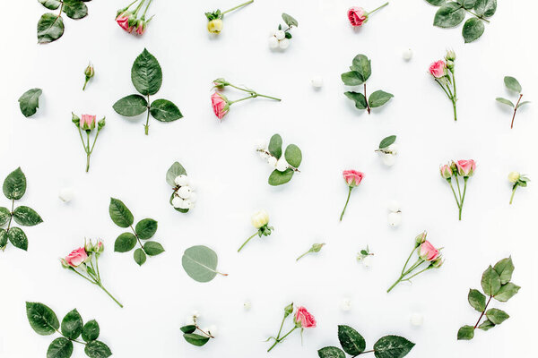 wreath frame with roses, eucalyptus branches, leaves isolated on white background. flat lay, overhead view