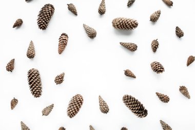 Beyaz üzerine koni desenli düzenleme. Düz yatış, üst manzara. Noel arkaplan duvar kağıdı