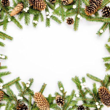 Noel kompozisyonundan yapılmış çerçeve, köknar dalları, beyaz arka planda çam kozalakları. Düz konum, üst görünüm tatil dekorasyonu konsepti.