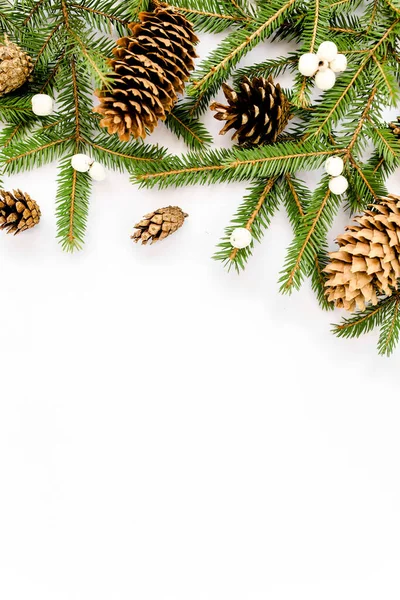 圣诞构图用冷杉枝条，松果白色背景。平躺在地上，俯瞰四周 — 图库照片