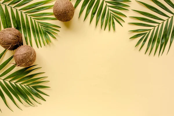 Tropisch groene bladeren palmbladeren en kokosnoten geïsoleerd op gele achtergrond. het appartement lag, bovenaanzicht — Stockfoto