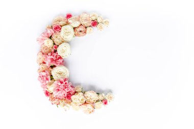 Pembe gül çiçekleri ve okaliptüs yapraklarıyla süslenmiş bir çerçeve. Düz yerde, üst tarafta. Çiçek arkaplan. Çiçek çerçevesi. Çiçek çerçevesi.