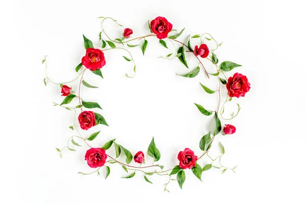 Moldura de grinalda feita de ramos verdes, folhas e rosas isoladas no fundo branco. deitado plano, vista superior — Fotografia de Stock