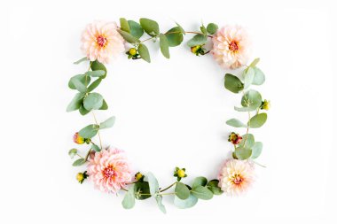 Çelenk çerçevesi pembe çiçek tomurcukları, dallar ve beyaz arka planda izole edilmiş okaliptüs yaprakları. Düz uzan, üst görünüm