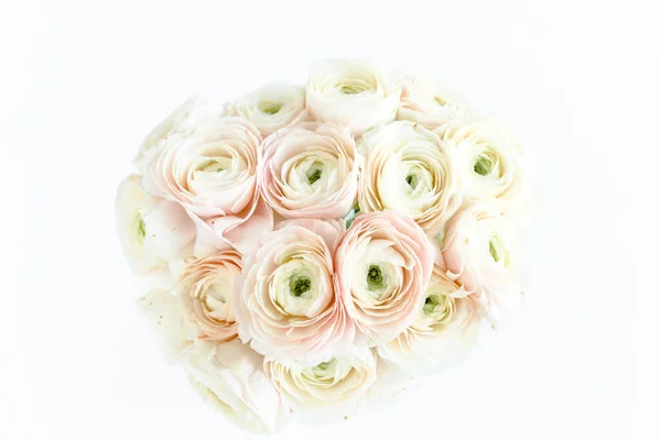 Bouquet, texture of pink ranunculus and roses flower close up. Flat lay, top view. Ranunculus flower texture. — Stock Photo, Image