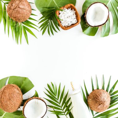 Beyaz arka planda, hindistan cevizi ve tropikal palmiye yapraklarıyla çerçevelenmiş desen. Tropik soyut arka plan. Düz yatış, üst görünüm.