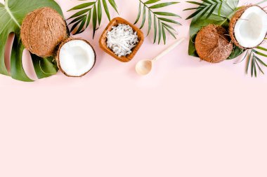 Hindistan cevizi ve pembe arka planda tropikal palmiye yapraklı desen. Tropik soyut arka plan. Düz yatış, üst görünüm.