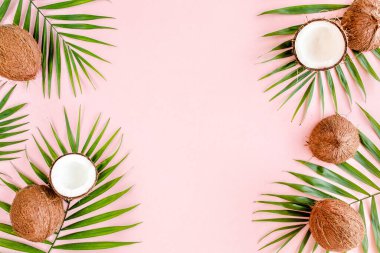 Kalıp, çerçeve kenarları, hindistan cevizi ve pembe arka planda tropik palmiye yaprakları. Tropik soyut arka plan. Düz yatış, üst görünüm.