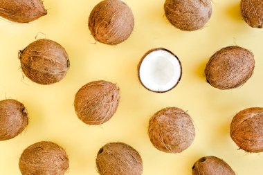 Sarı arka planda hindistan cevizi ve tropik palmiye yapraklı desen. Tropik soyut arka plan. Düz yatış, üst görünüm.