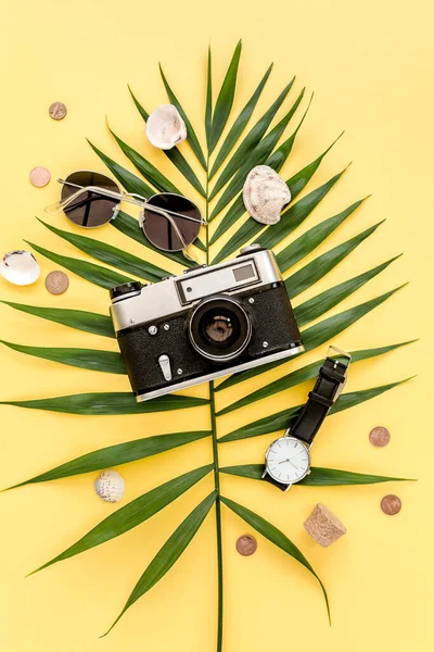 Traveler accessori concetto su sfondo giallo. Macchina fotografica retrò, modello di aereo, aereo, occhiali da sole, passaporto e foglia di palma tropicale. — Foto Stock